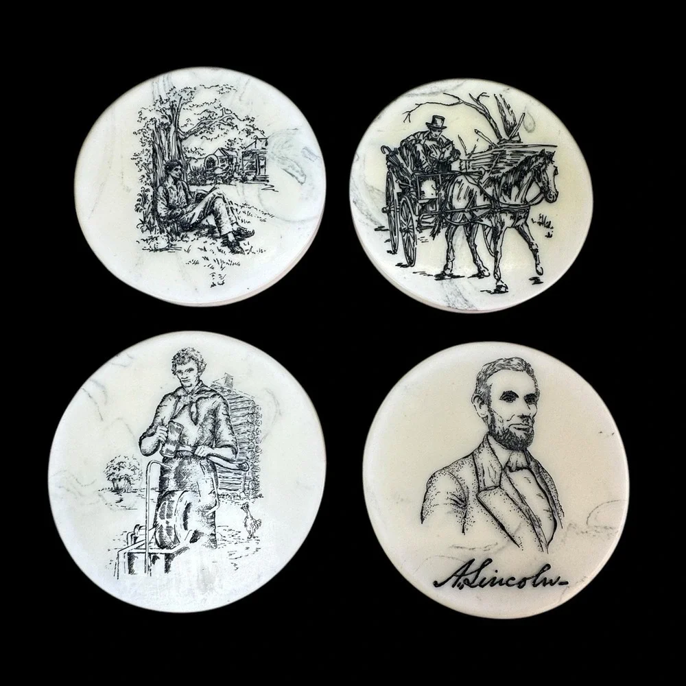 Abraham Lincoln Marble Stone Coasters Set Stand Engraved Life Of Lincoln Vintage